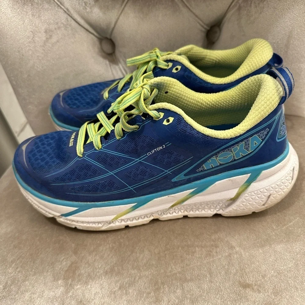 Hoka One One CLIFTON 2 BLUE Neon Yellow Women’s 7.5  Jogging Running Comfort